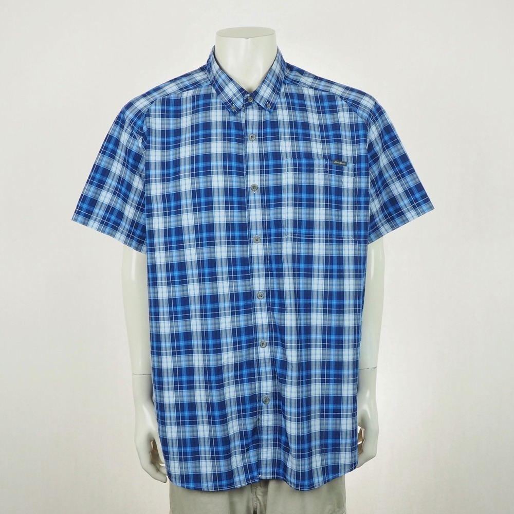 Eddie Bauer Pack It Tech Seersucker Button Down Shirt Mens 3XL XXXL Blue Plaid